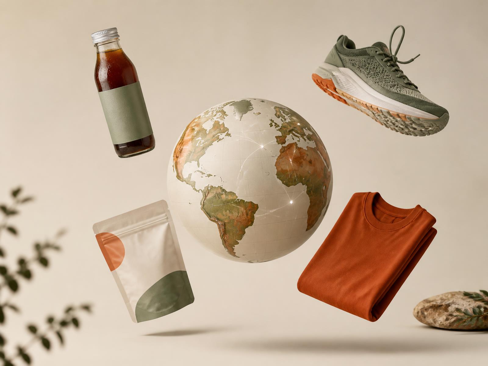 A globe connected by crossing lines with sustainable products from around the world